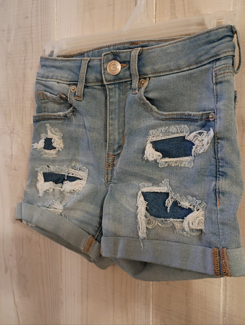 Aeropostale Women's High Rise Midi Distressed Light Blue Shorts Size 00